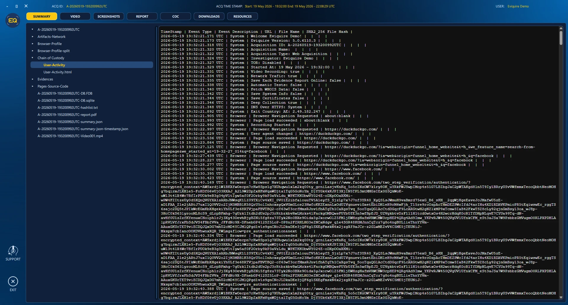 Case Review chain-of-custody records in a demonstration environment.