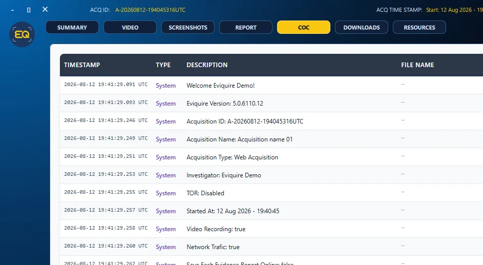Case Review chain-of-custody event list.