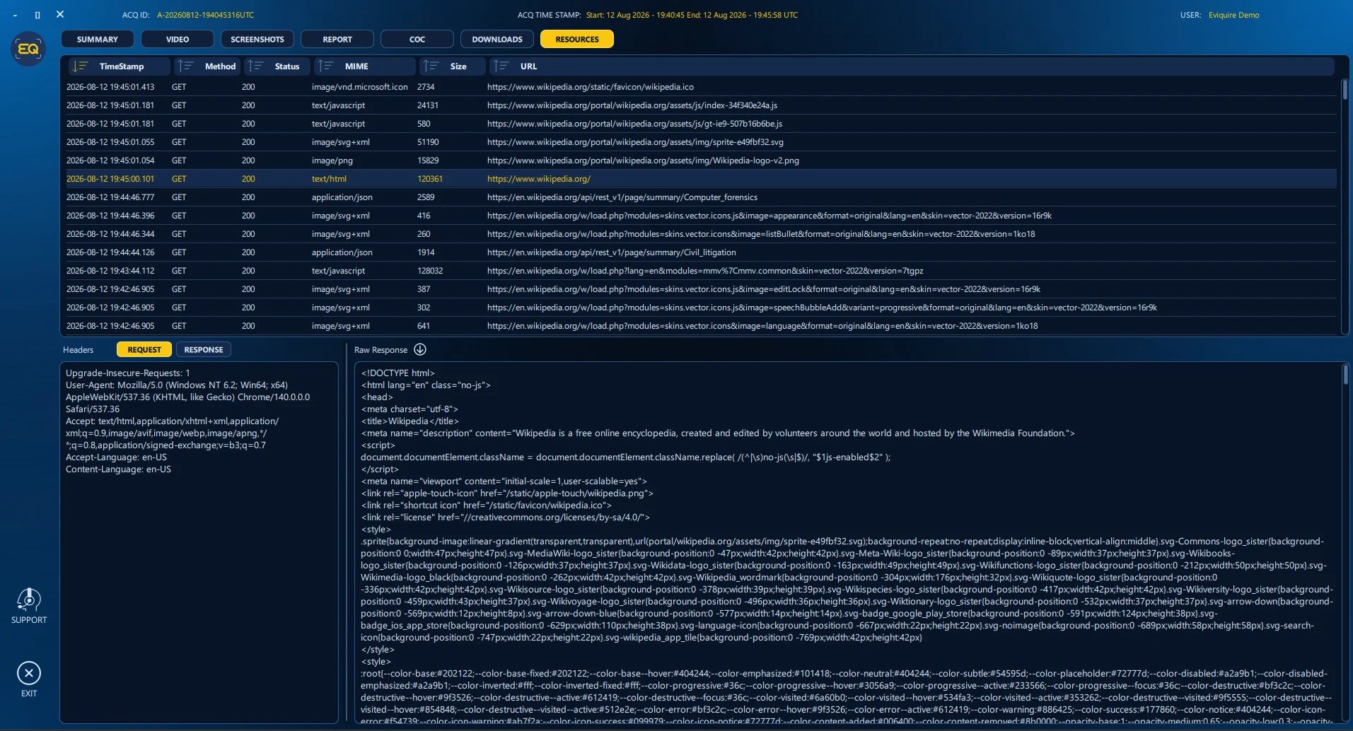 Case Review deep-collection view with request and response details.