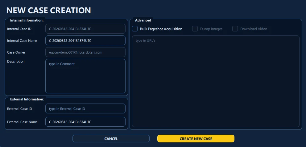 Eviquire new case configuration in a demonstration environment.