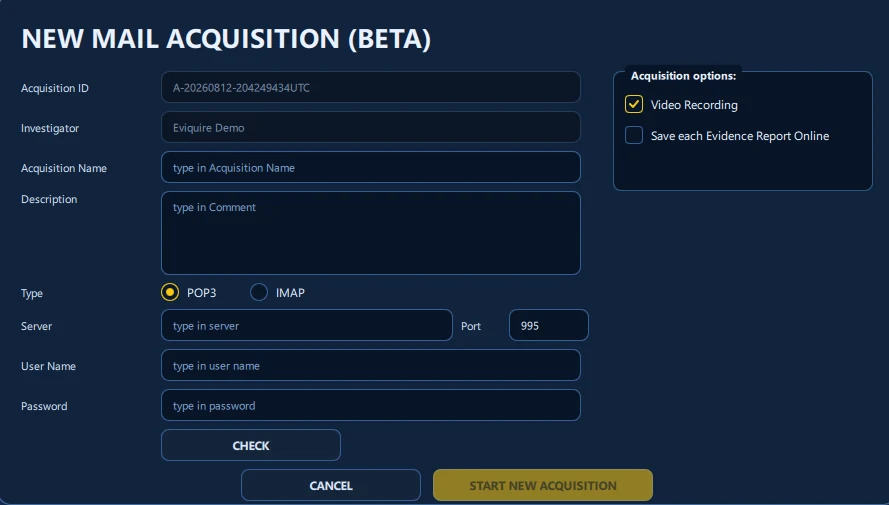 Eviquire email acquisition configuration in a demonstration environment.