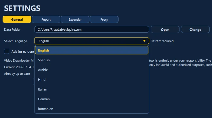 Eviquire language settings in a demonstration environment.
